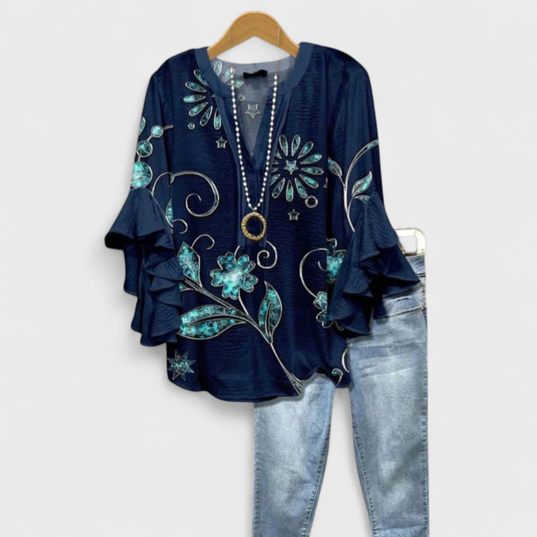 Femme Blouse Florale à Manches Volantées avec Col en V et Coupe Loose