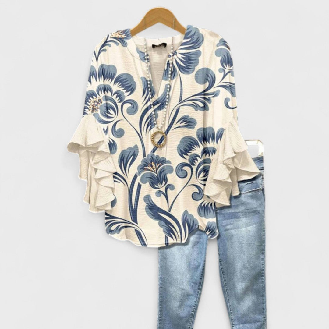 Femme Blouse Florale à Manches Volantées avec Col en V et Coupe Loose