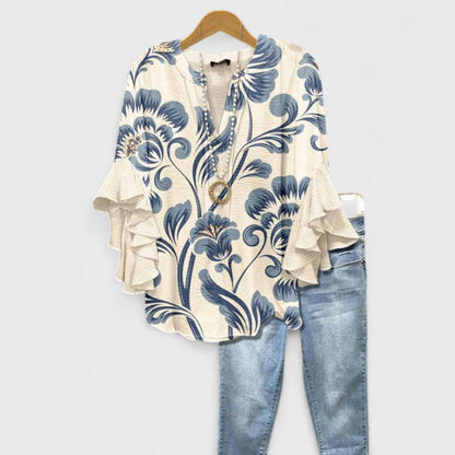 Femme Blouse Florale à Manches Volantées avec Col en V et Coupe Loose