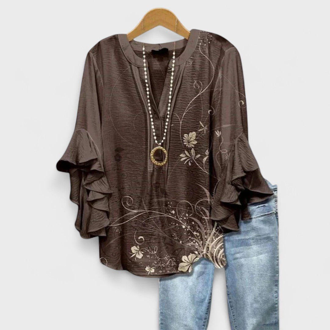 Femme Blouse Florale à Manches Volantées avec Col en V et Coupe Loose