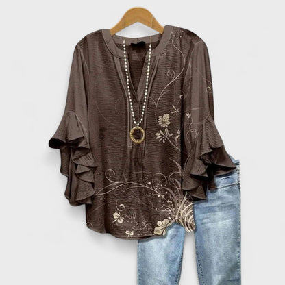 Femme Blouse Florale à Manches Volantées avec Col en V et Coupe Loose