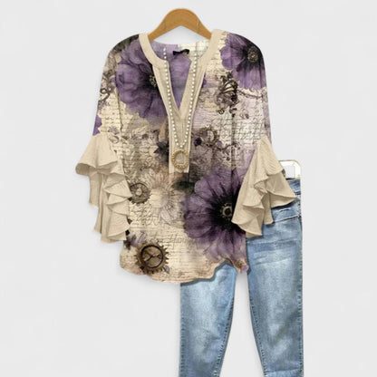 Femme Blouse Florale à Manches Volantées avec Col en V et Coupe Loose