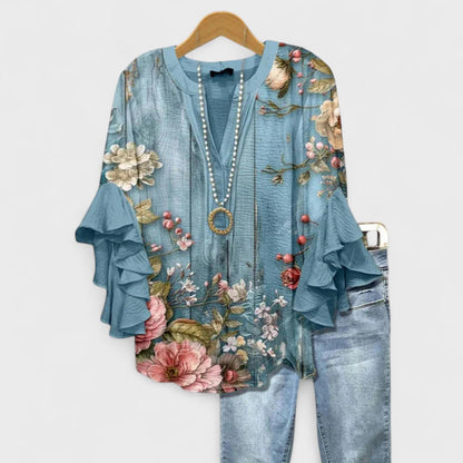 Femme Blouse Florale à Manches Volantées avec Col en V et Coupe Loose