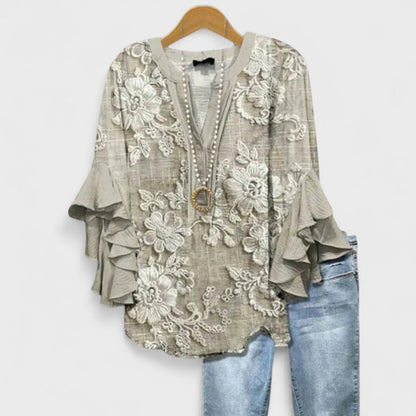 Femme Blouse Florale à Manches Volantées avec Col en V et Coupe Loose