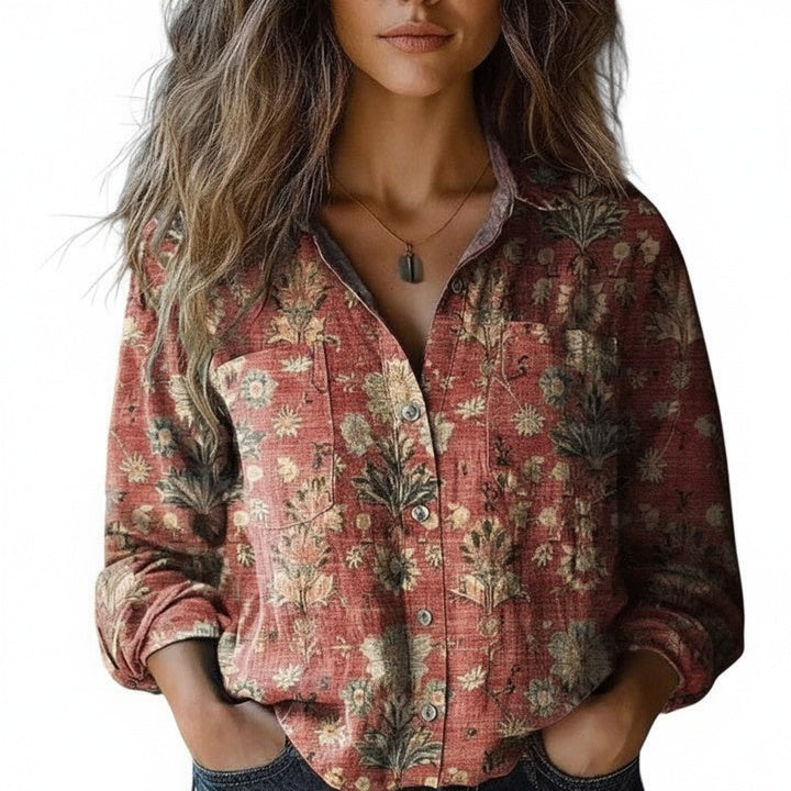 Femme Blouse Florale Manches Longues avec Col à Revers et Poche