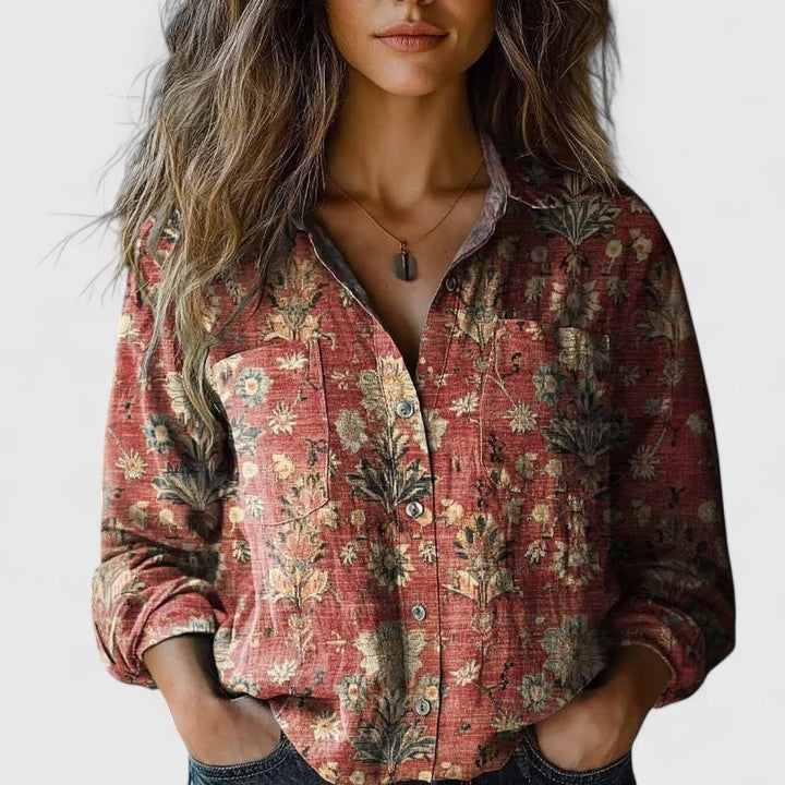 Femme Blouse Florale Manches Longues avec Col à Revers et Poche