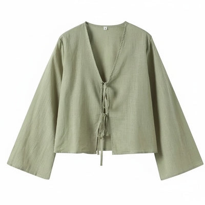 Femme Blouse Longue Manche avec Col en V et Lacets