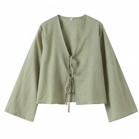 Femme Blouse Longue Manche avec Col en V et Lacets