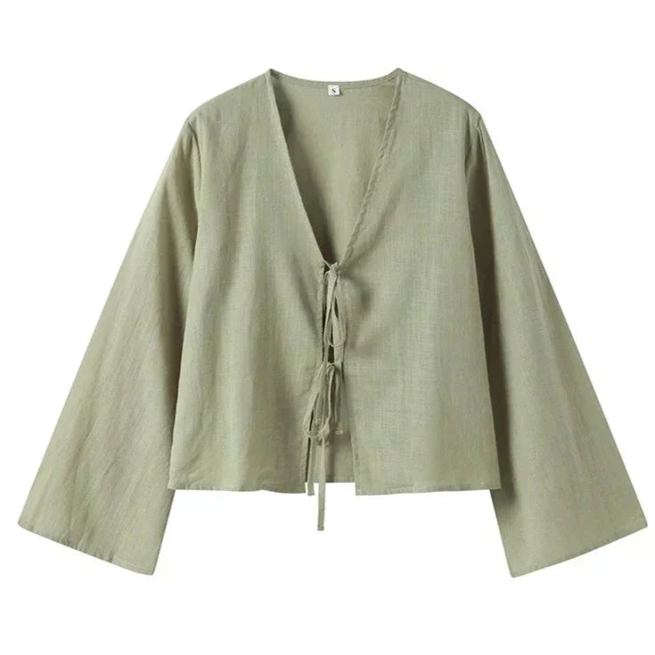 Femme Blouse Longue Manche avec Col en V et Lacets