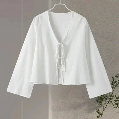 Femme Blouse Longue Manche avec Col en V et Lacets