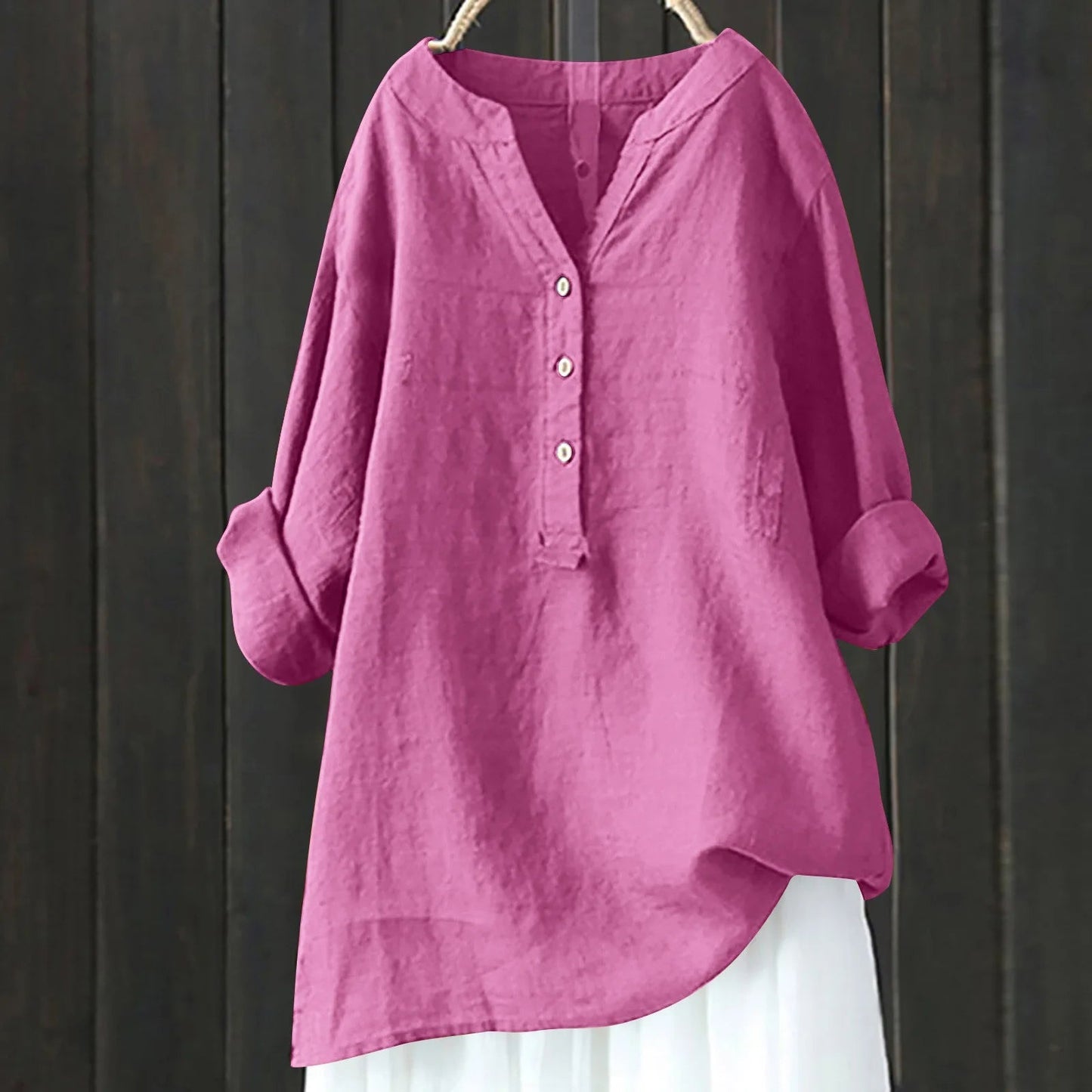 Femme Blouse Longue Manches Longues col V avec Boutons et Ourlet Asymétrique