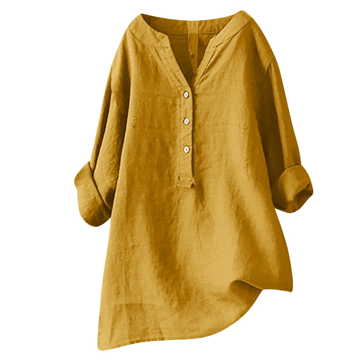 Femme Blouse Longue Manches Longues col V avec Boutons et Ourlet Asymétrique