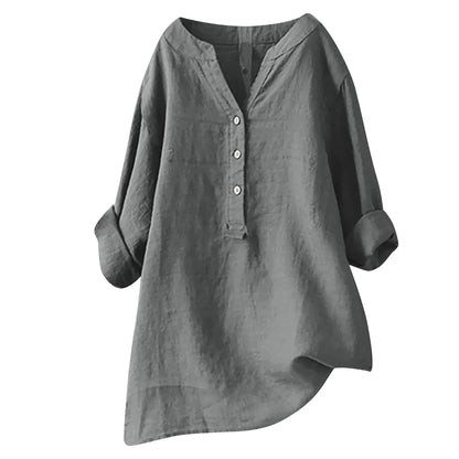 Femme Blouse Longue Manches Longues col V avec Boutons et Ourlet Asymétrique