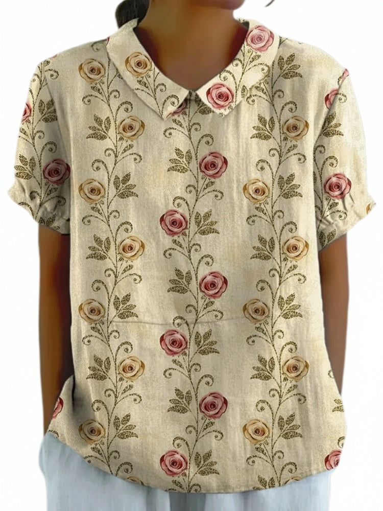 Femme Blouse Manches Courtes à Imprimé Floral avec Col Claudine
