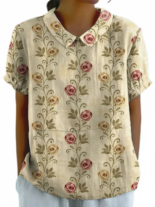 Femme Blouse Manches Courtes à Imprimé Floral avec Col Claudine