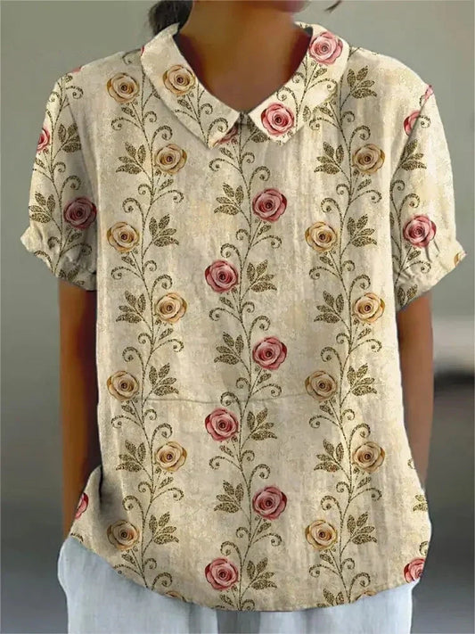 Femme Blouse Manches Courtes à Imprimé Floral avec Col Claudine