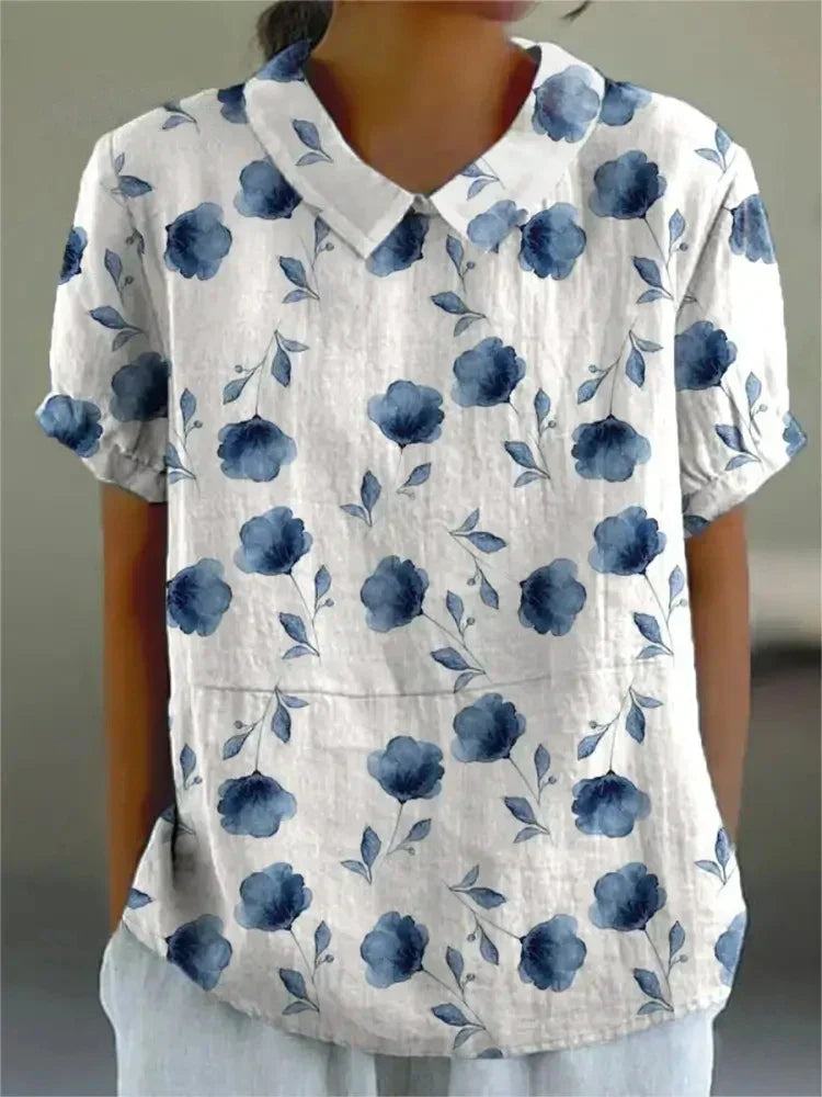 Femme Blouse Manches Courtes à Imprimé Floral avec Col Claudine