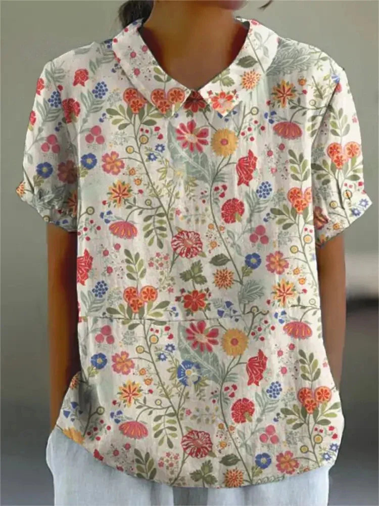 Femme Blouse Manches Courtes à Imprimé Floral avec Col Claudine