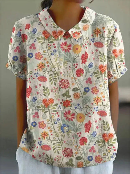 Femme Blouse Manches Courtes à Imprimé Floral avec Col Claudine