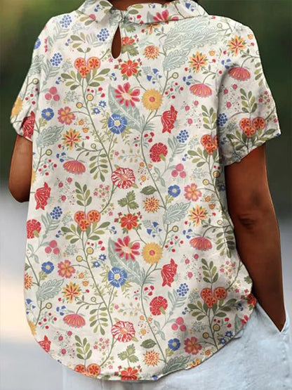 Femme Blouse Manches Courtes à Imprimé Floral avec Col Claudine