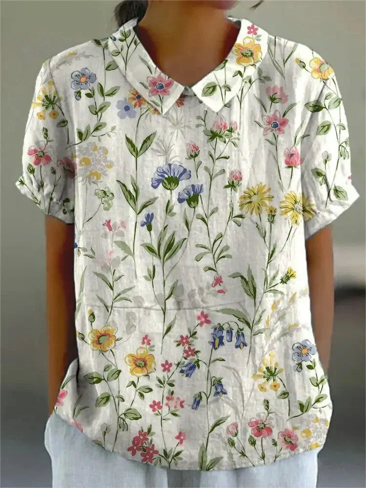 Femme Blouse Manches Courtes à Imprimé Floral avec Col Claudine