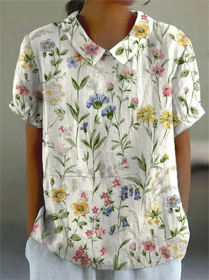Femme Blouse Manches Courtes à Imprimé Floral avec Col Claudine