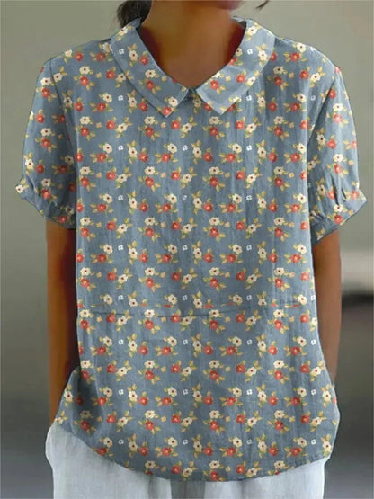 Femme Blouse Manches Courtes à Imprimé Floral avec Col Claudine
