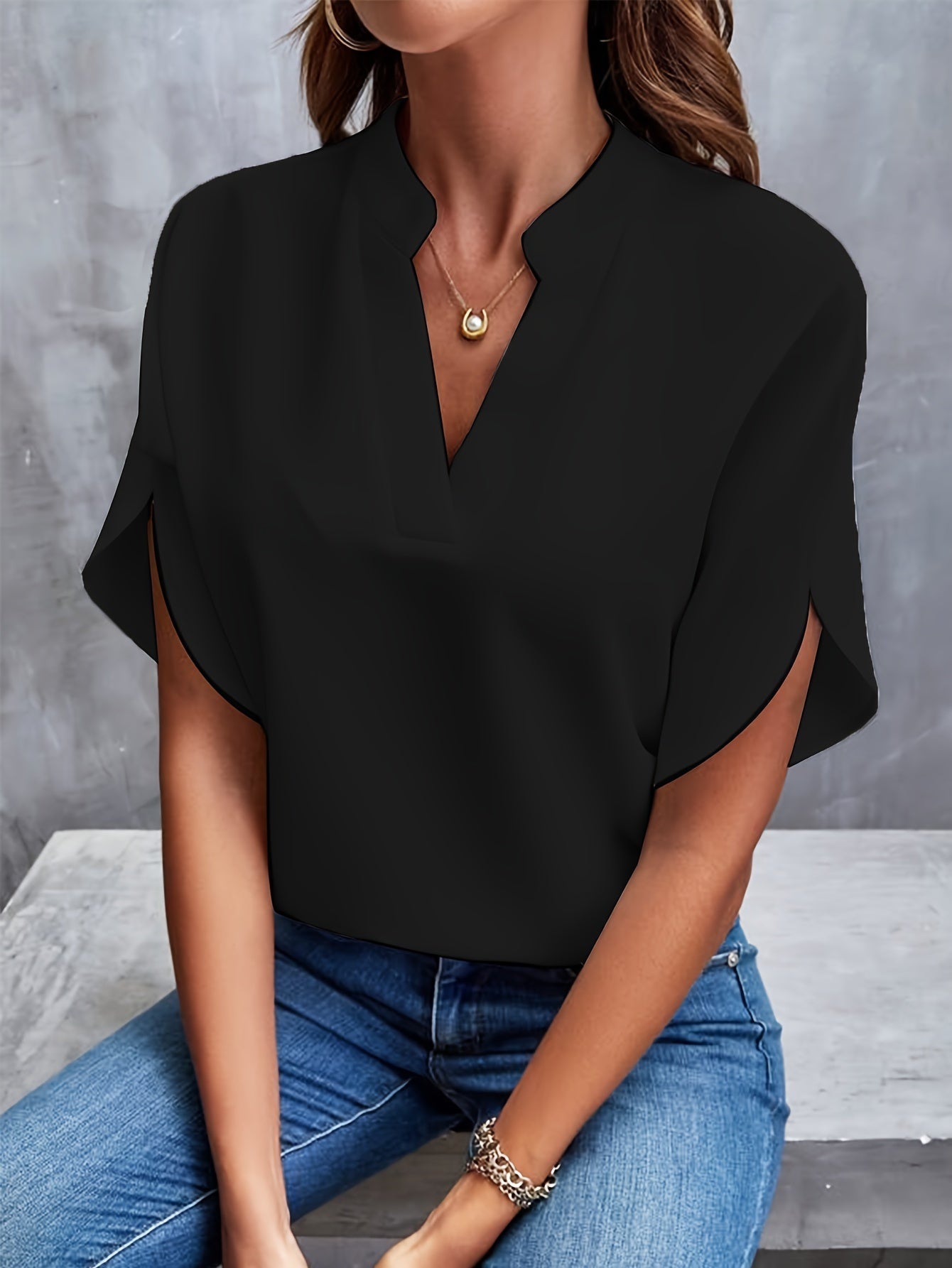 Femme Blouse Manches Courtes avec Col en V et Manches Fendues