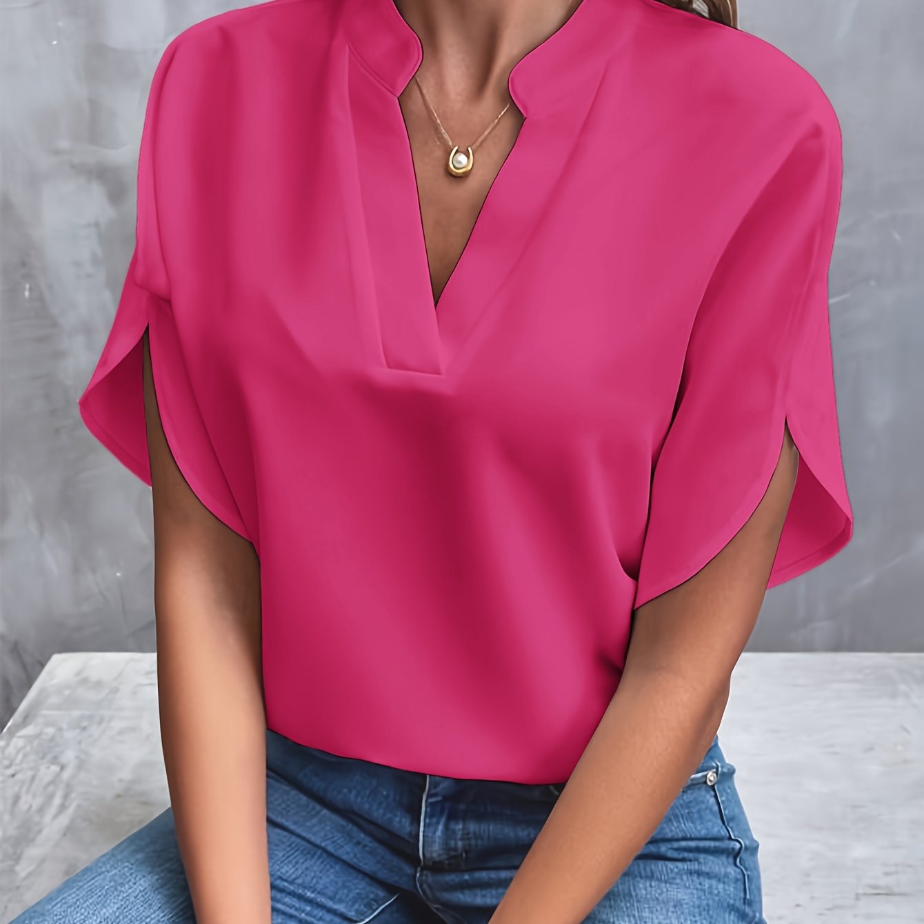 Femme Blouse Manches Courtes avec Col en V et Manches Fendues