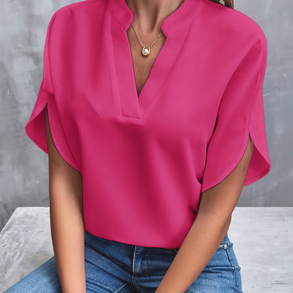 Femme Blouse Manches Courtes avec Col en V et Manches Fendues