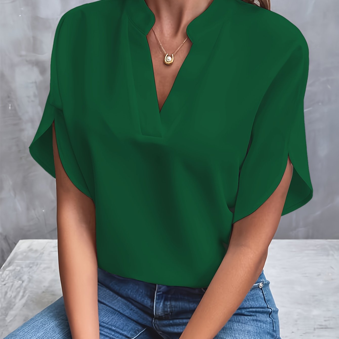 Femme Blouse Manches Courtes avec Col en V et Manches Fendues