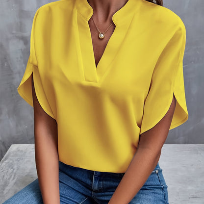 Femme Blouse Manches Courtes avec Col en V et Manches Fendues
