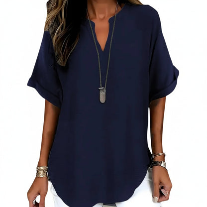 Femme Blouse Manches Courtes avec Col en V et Ourlet Arrondi