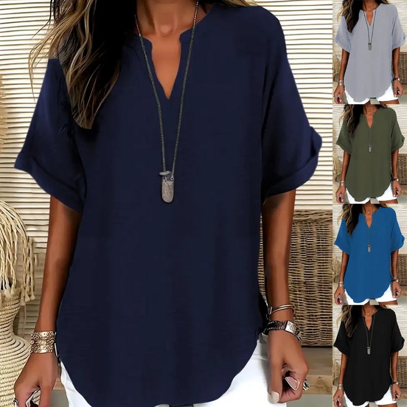 Femme Blouse Manches Courtes avec Col en V et Ourlet Arrondi