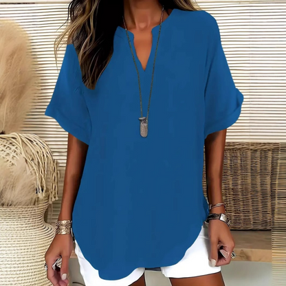 Femme Blouse Manches Courtes avec Col en V et Ourlet Arrondi