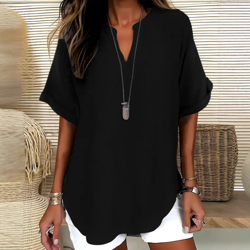 Femme Blouse Manches Courtes avec Col en V et Ourlet Arrondi