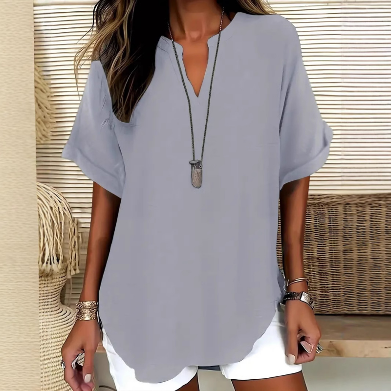 Femme Blouse Manches Courtes avec Col en V et Ourlet Arrondi