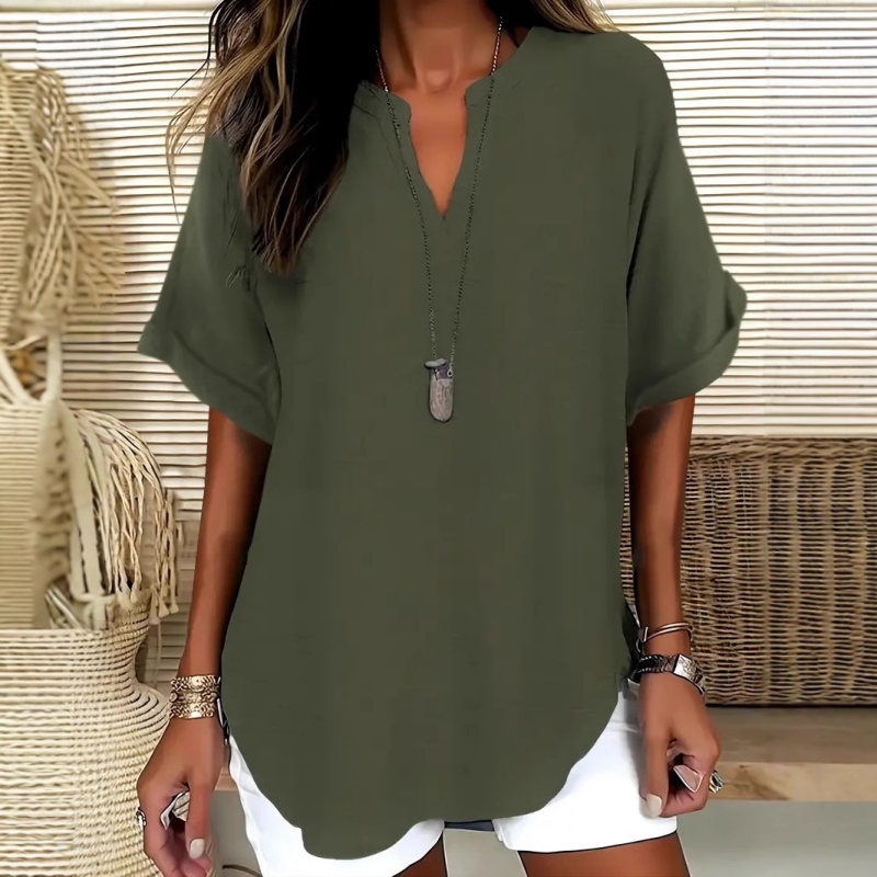 Femme Blouse Manches Courtes avec Col en V et Ourlet Arrondi