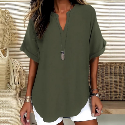 Femme Blouse Manches Courtes avec Col en V et Ourlet Arrondi