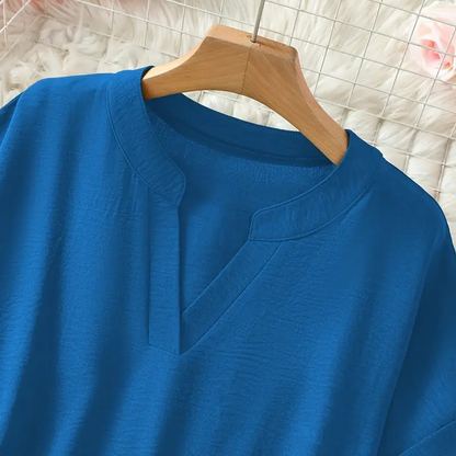 Femme Blouse Manches Courtes avec Col en V et Ourlet Arrondi