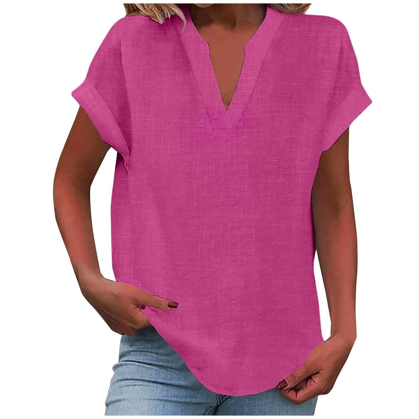 Femme Blouse Manches Courtes avec Col en V et Silhouette Ample