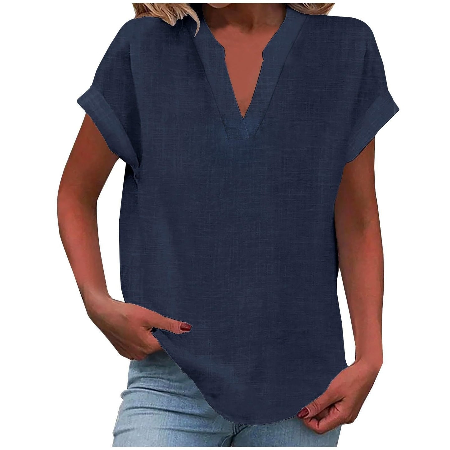 Femme Blouse Manches Courtes avec Col en V et Silhouette Ample