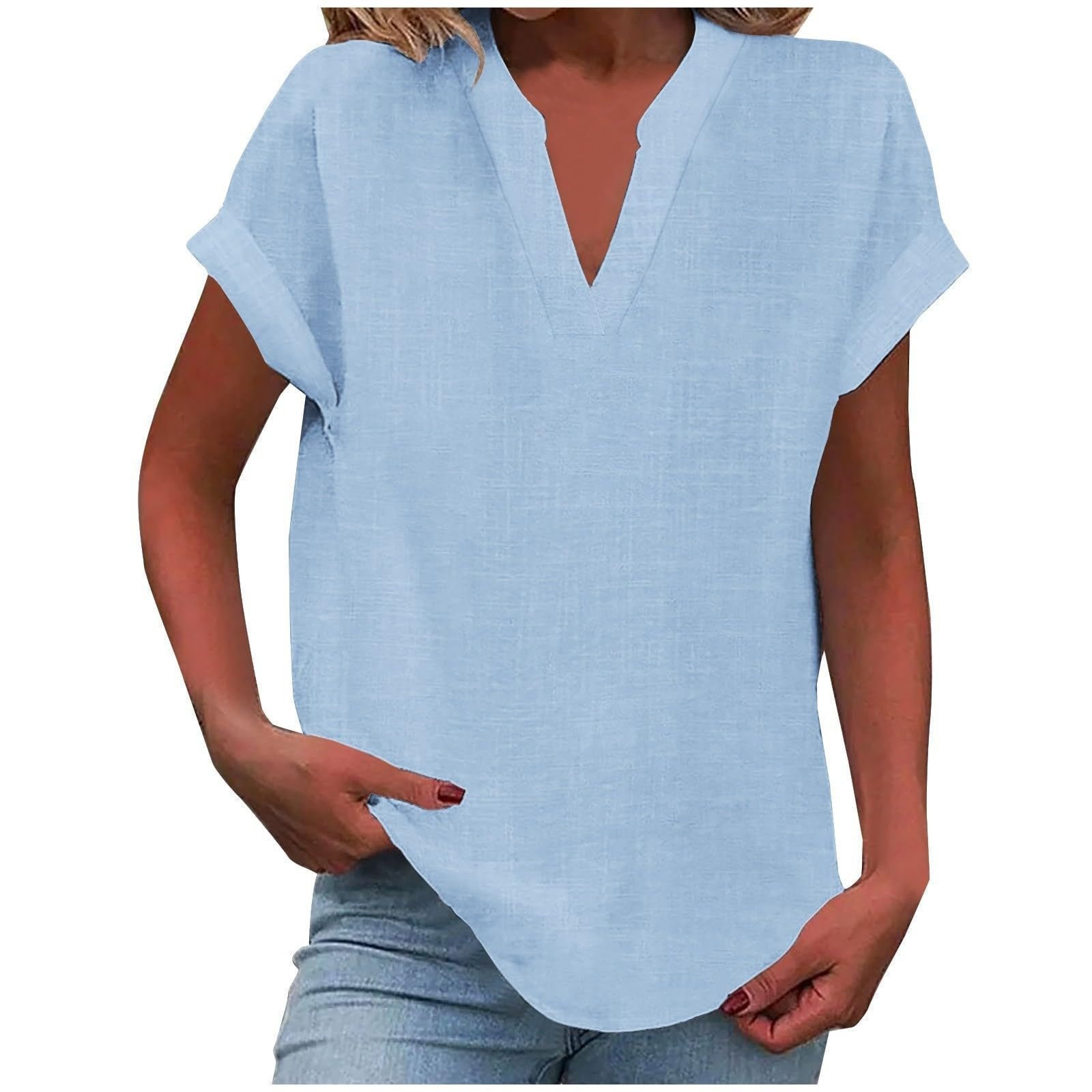 Femme Blouse Manches Courtes avec Col en V et Silhouette Ample