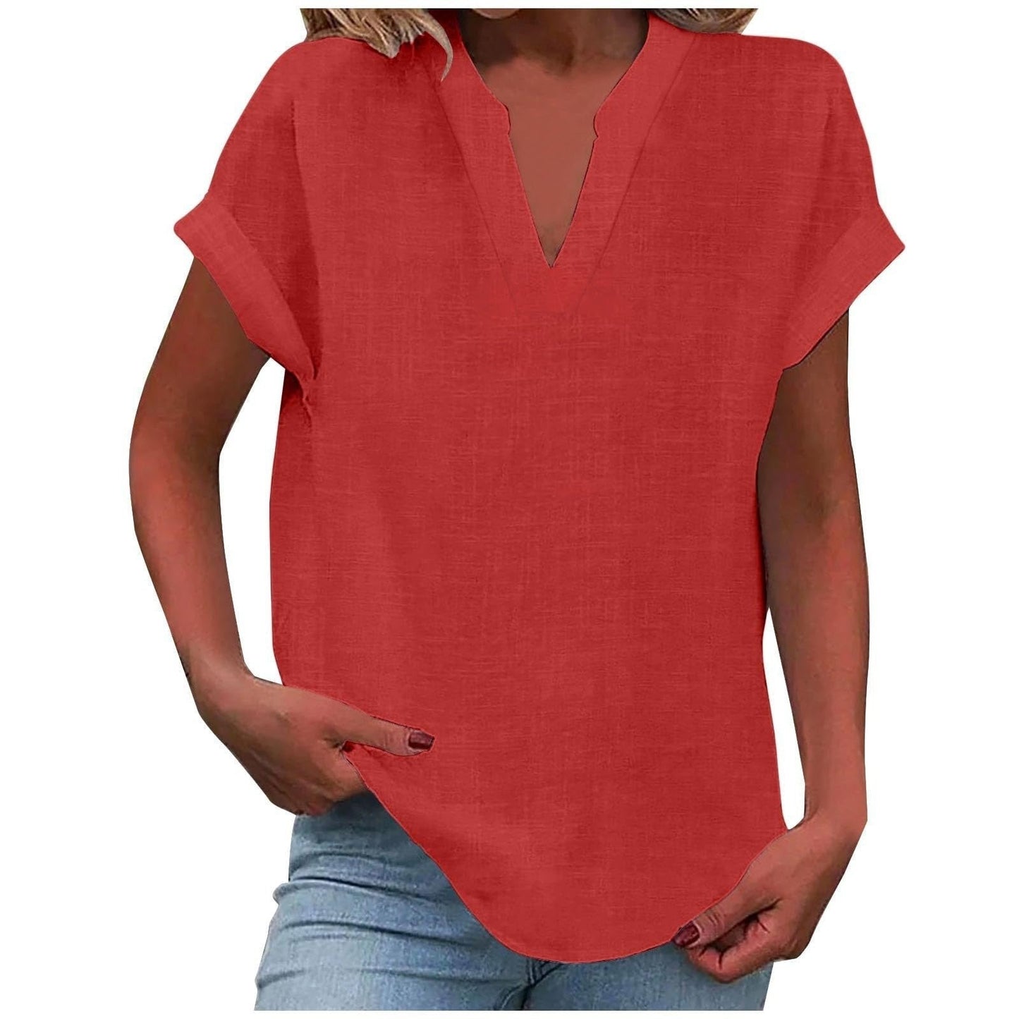 Femme Blouse Manches Courtes avec Col en V et Silhouette Ample