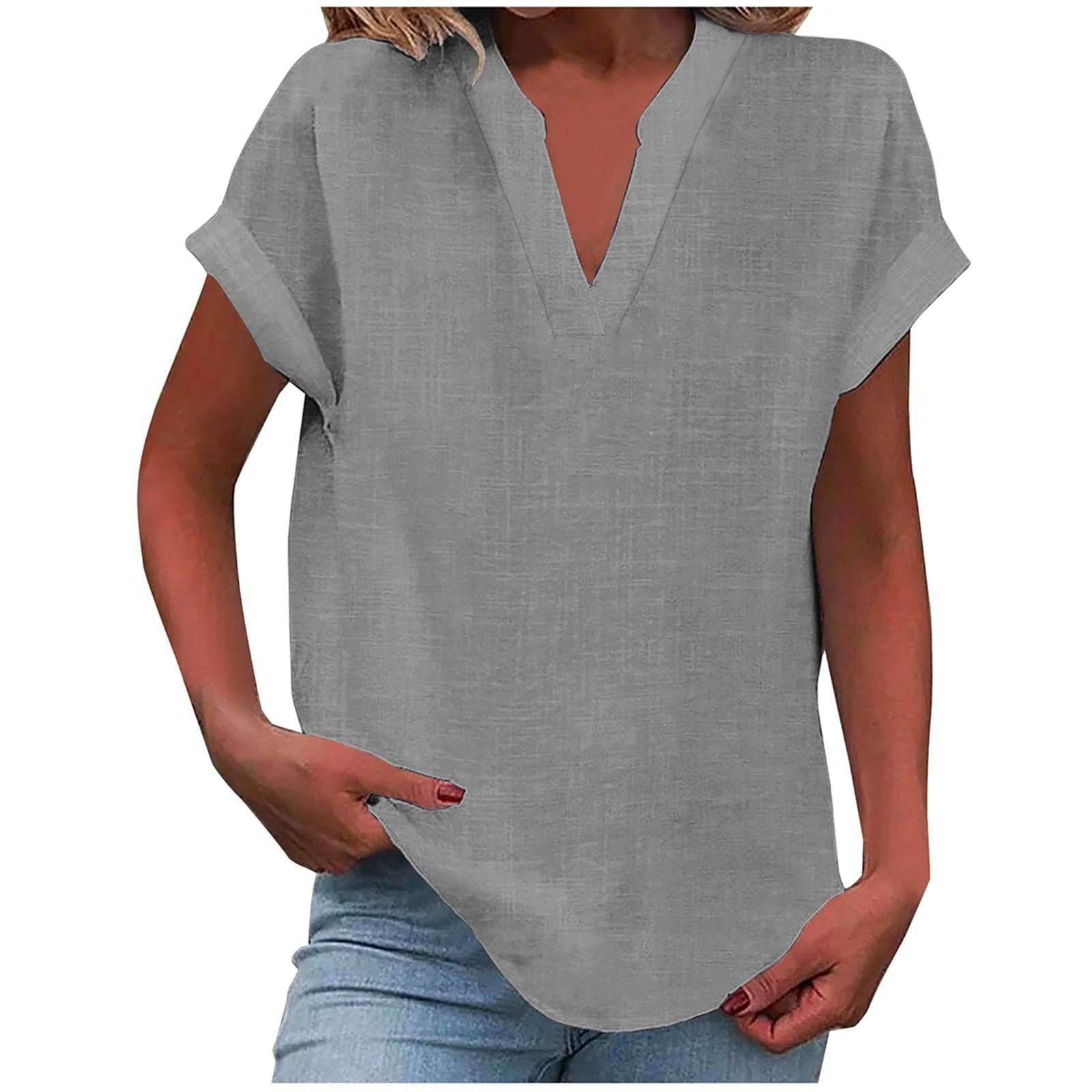 Femme Blouse Manches Courtes avec Col en V et Silhouette Ample