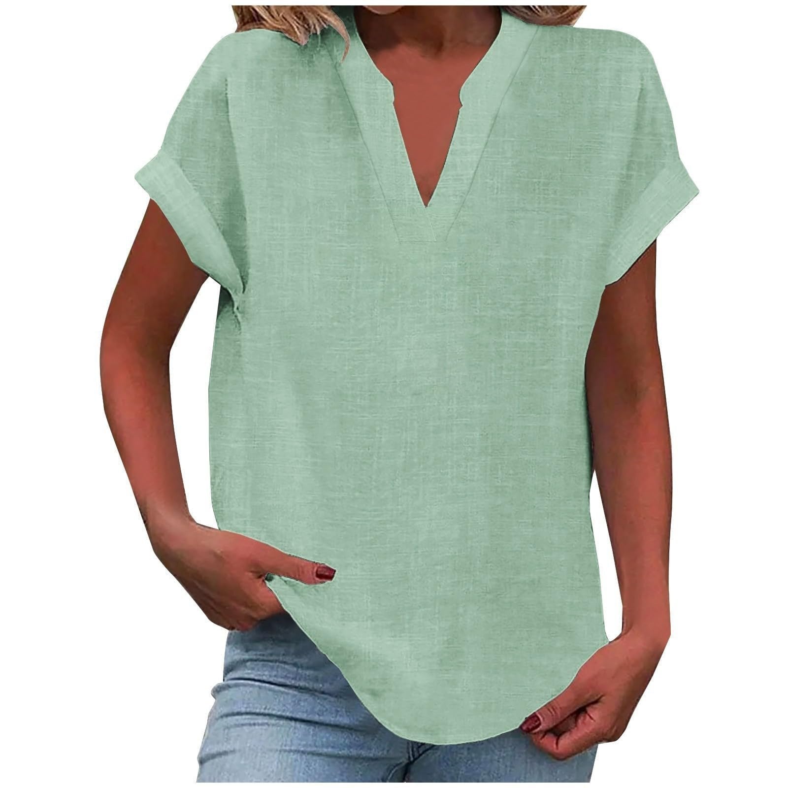 Femme Blouse Manches Courtes avec Col en V et Silhouette Ample