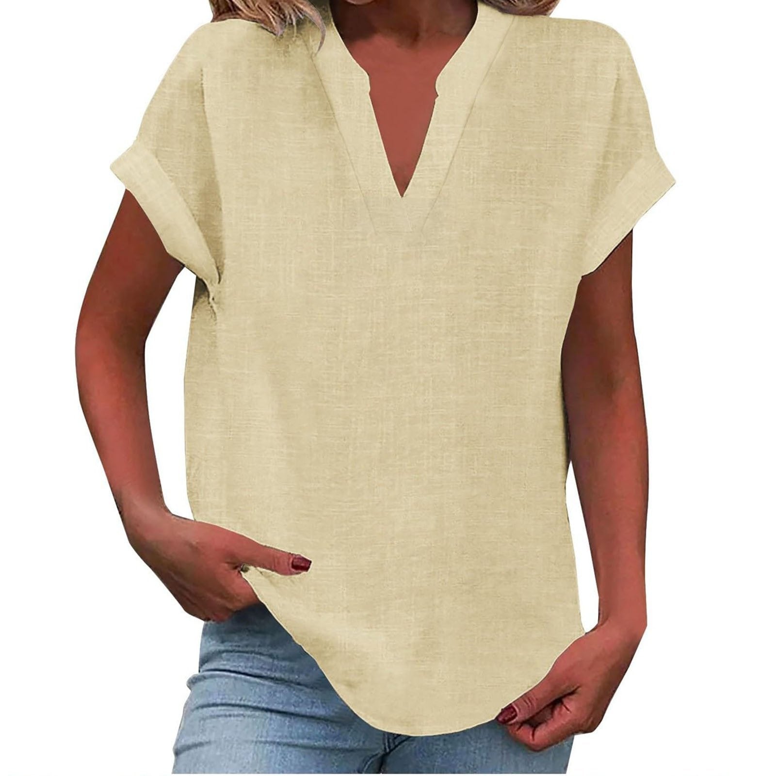 Femme Blouse Manches Courtes avec Col en V et Silhouette Ample