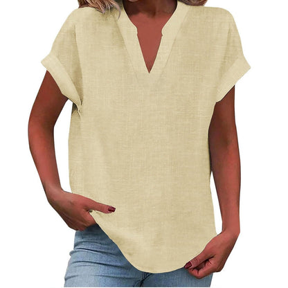 Femme Blouse Manches Courtes avec Col en V et Silhouette Ample