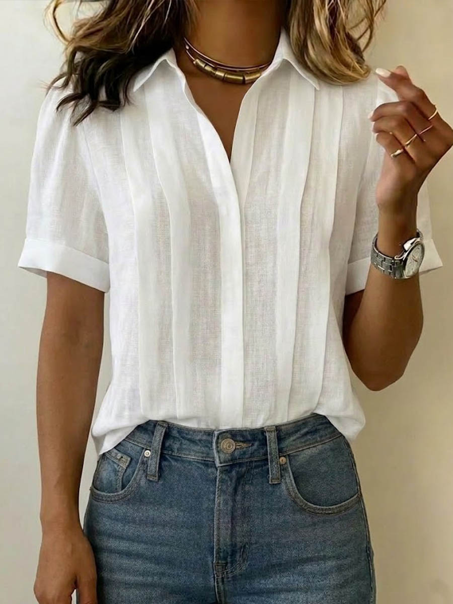 Femme Blouse Manches Courtes avec Col et Plis Verticaux