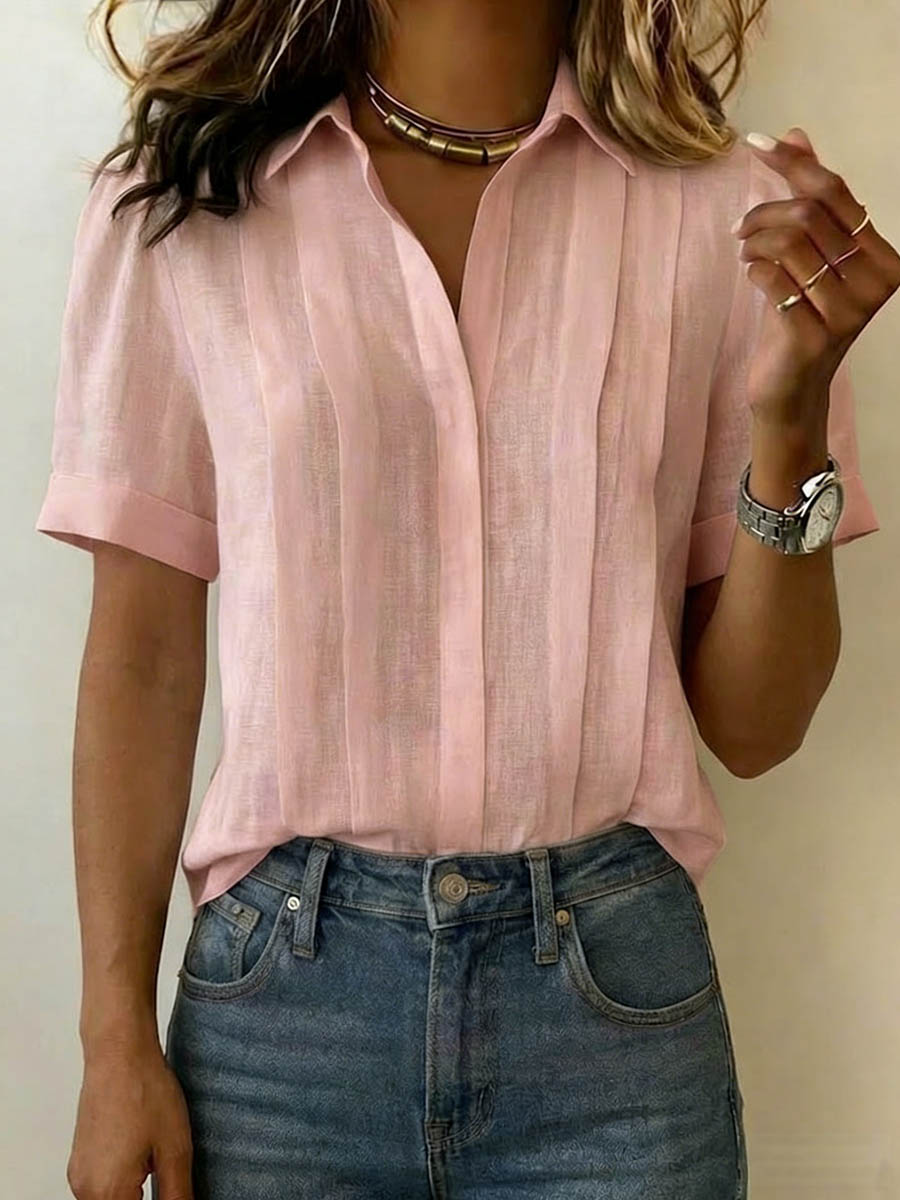 Femme Blouse Manches Courtes avec Col et Plis Verticaux